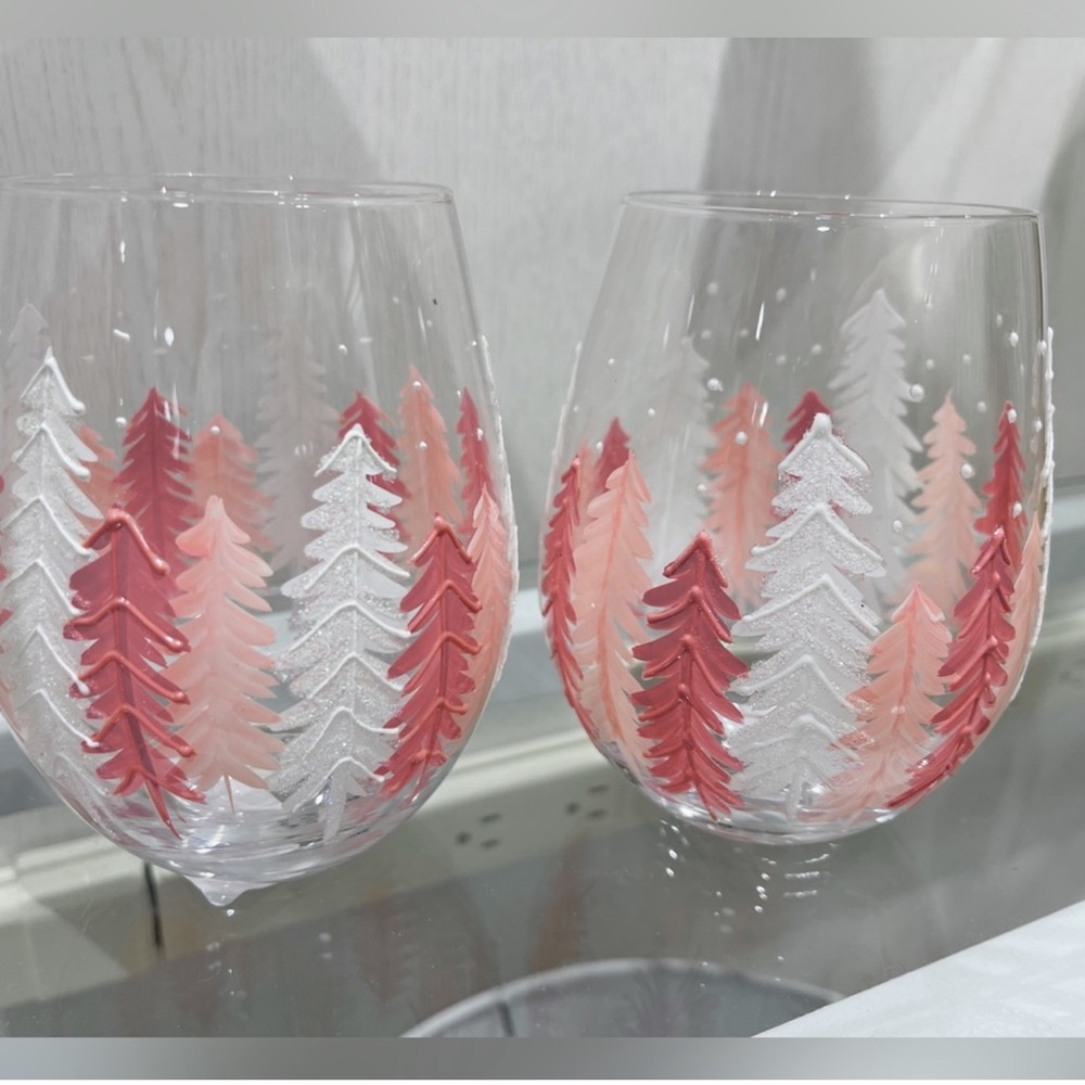 PINK Christmas Tree Handpainted Stemless Wine glasses Set of 2 NEW HTF